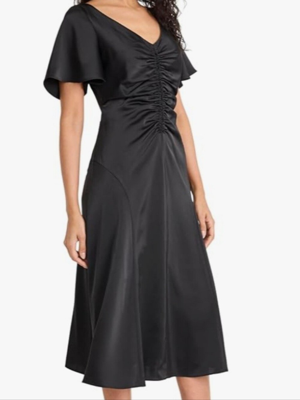 Maggy London Black Satin Ruched Midi Dress